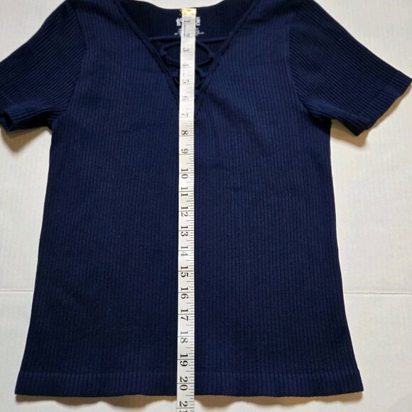 Active Basic Lace Up Ribbed Top Short Sleeve Med Large USA Blue Womens Short - Picture 5 of 6